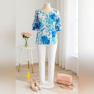 Lilly Pulitzer Women's Lula Top Blue & Pink Tropics Sweet Pea Size Large